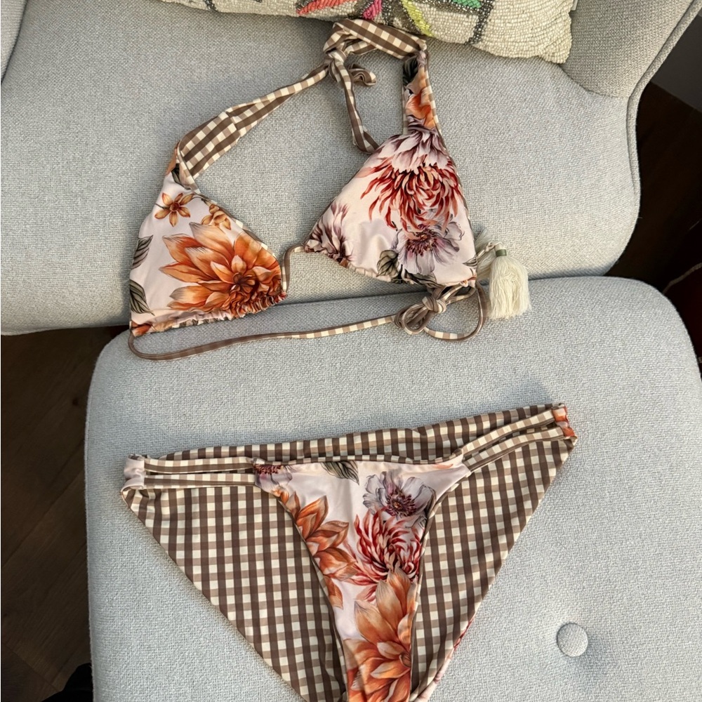 Maaji reversible brown gingham floral bikini size S - Picture 4 of 4